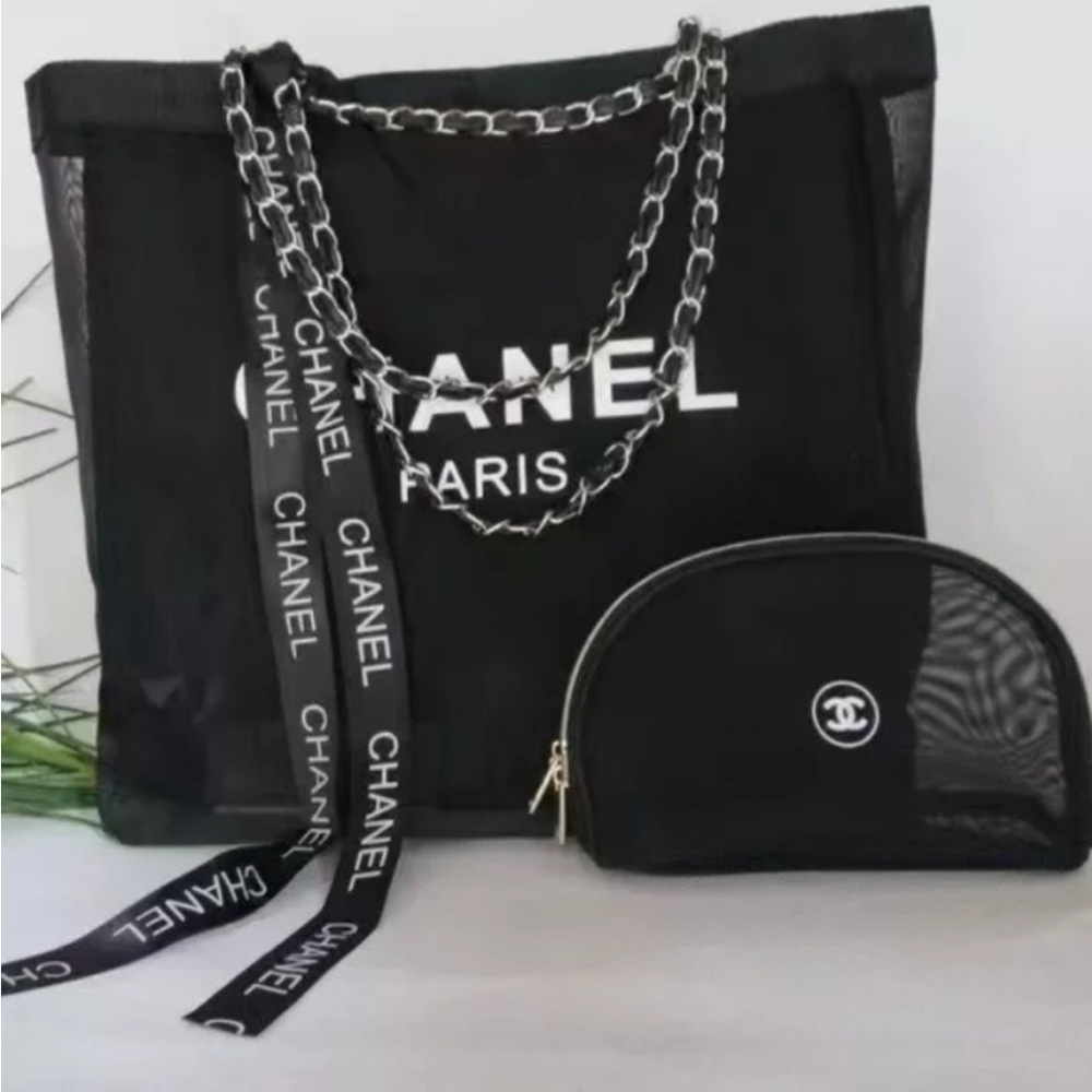 CHANEL GWP Mesh Black Tote with Woven Chain Straps and Pouch